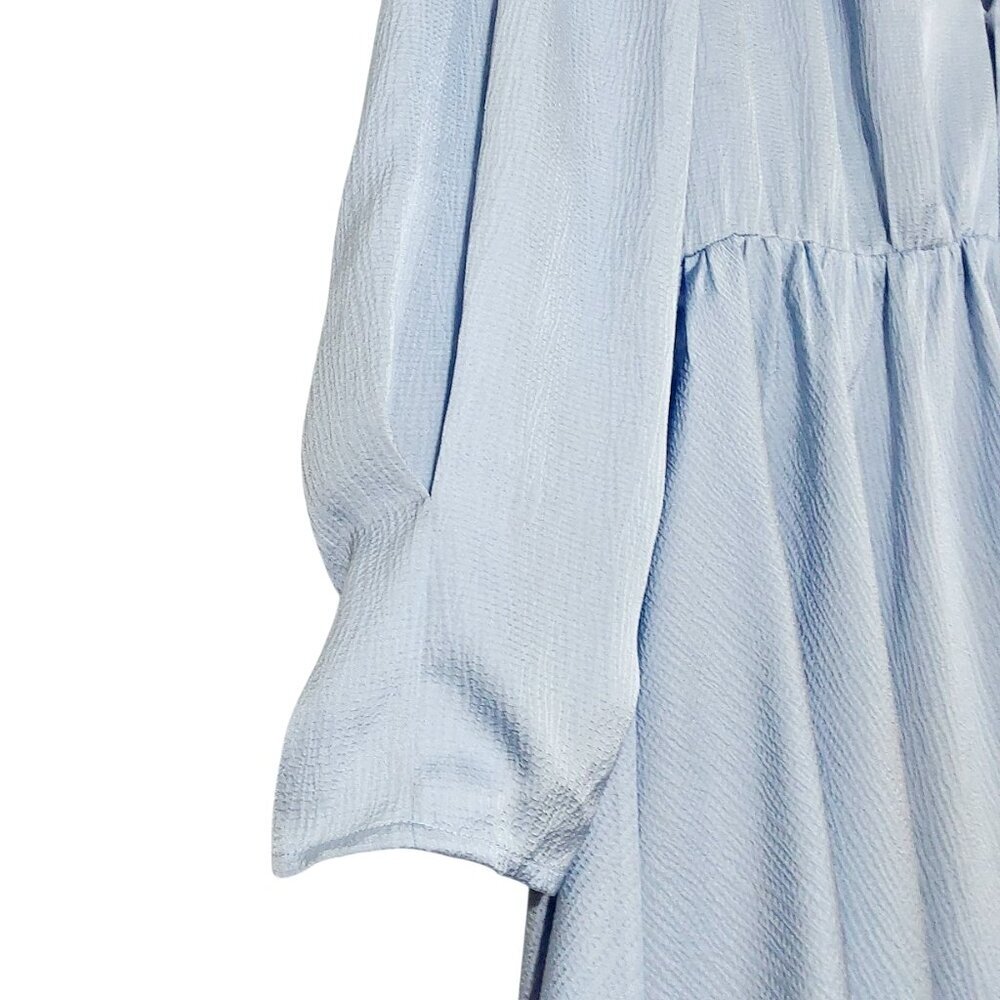 NWT Maje Revolver Hammered Crepe Baby Blue Ruched Sleeve Mini Dress - 42 (10) - Picture 7 of 16